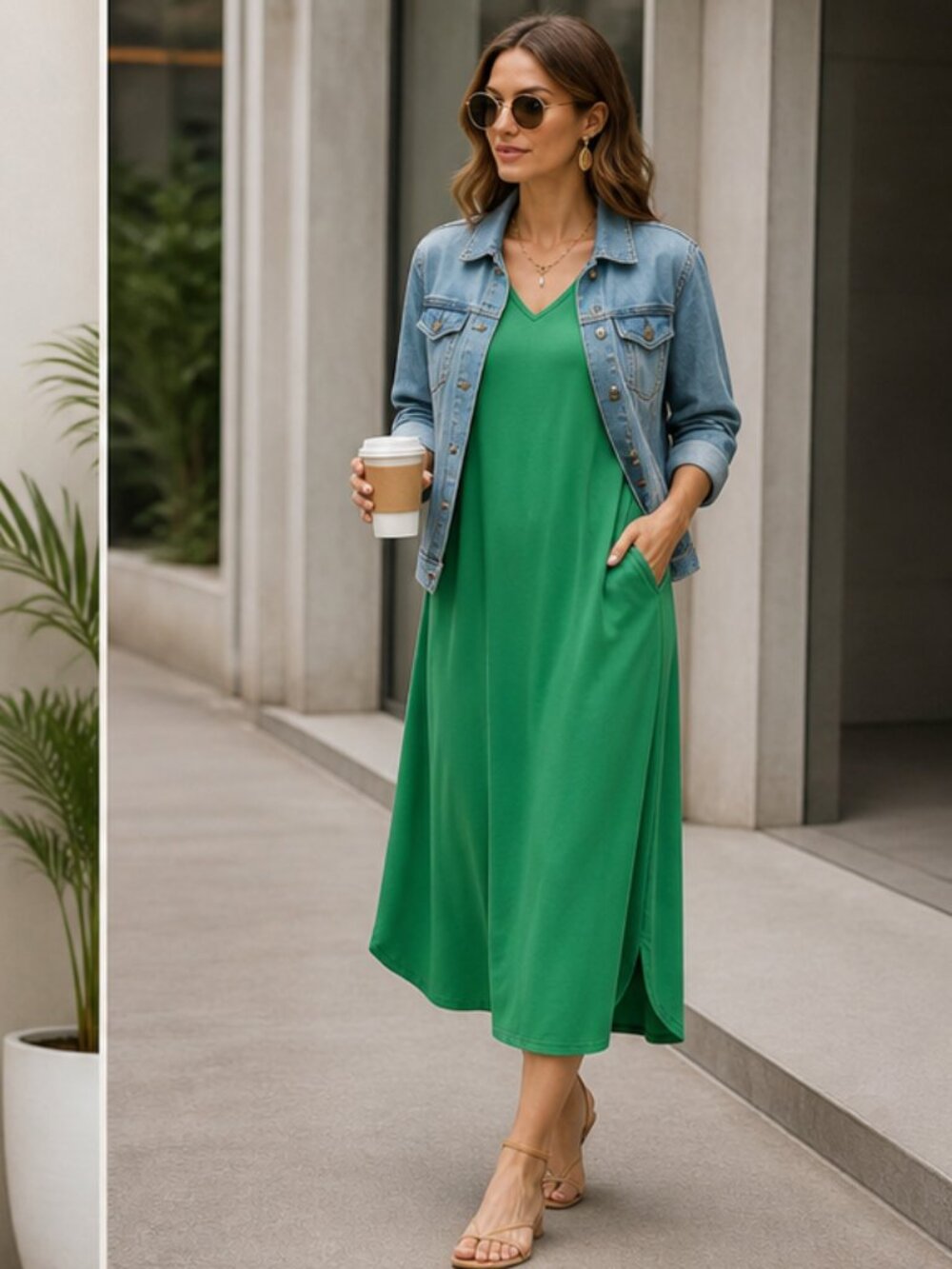 Entro Green V Neck Jersey Knit Maxi Dress With Pockets Sz L - NWT